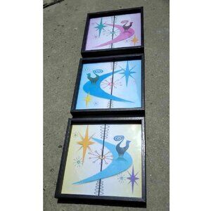 Retro Snooty Cats Triptych (3 Framed Panels) Original Art Prints Under Glass